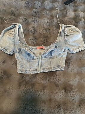 Signature8 Light Blue Denim Puff-Sleeve Crop Top